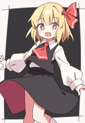1girl a-pose absurdres black201_wav black_skirt black_vest blonde_hair collared_shirt cowboy_shot fang highres long_sleeves looking_at_viewer open_mouth rumia shirt short_hair skirt skirt_set smile socks solo touhou vest white_shirt white_socks
