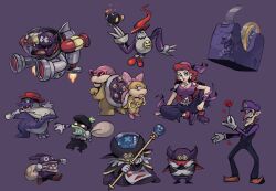 2girls 6+boys aircraft arm_support bandana bangle beret black_headwear black_overalls black_pants blue_eyeshadow bob-omb bomb boots bow bracelet breasts brown_footwear brown_hair captain_syrup claws cleavage clenched_teeth closed_mouth colored_skin commentary_request croco_(super_mario_rpg) crossed_arms earrings explosive eyelashes eyeshadow fang fang_out flower gloves green_skin grin hand_up hands_up hat holding holding_flower holding_sack holding_staff jewelry large_breasts lips long_hair long_sleeves looking_at_viewer looking_back lord_crump makeup mario_&amp;_luigi:_superstar_saga mario_&amp;_luigi_rpg mario_(series) mask multiple_boys multiple_girls nabbit necklace nintendo open_mouth overalls pants paper_mario paper_mario:_the_origami_king paper_mario:_the_thousand-year_door petals pink-framed_eyewear pink_bandana pink_bow pink_lips pointy_ears pointy_nose polka_dot polka_dot_bow popple_(mario) punchinello purple_background purple_footwear purple_headwear purple_shirt purple_skin red_flower red_footwear red_hair red_headwear red_rose rinabee_(rinabele0120) rose rose_petals roy_koopa running sack sharp_teeth shirt shoes short_hair simple_background sir_grodus sitting sleeveless sleeveless_shirt smile smirk spiked_shell spikes staff standing stapler_(paper_mario) striped_clothes striped_shirt sunglasses super_mario_rpg tape tape_(paper_mario) tatanga teeth thick_lips turtle_shell two-tone_shirt waluigi wario_land wendy_o._koopa white_bandana white_gloves white_shirt winding_key x_arms