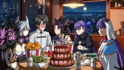 1boy 4girls absurdres atalanta_(fate) atalanta_alter_(fate) black_hair blush cake food fujimaru_ritsuka_(male) grey_hair highres kfc martha_(fate) meltryllis_(fate) multiple_girls purple_hair sam_imbecile ushiwakamaru_(fate)