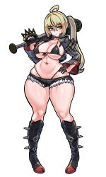 Rule 34 | 1girl, absurdres, aged up, ahoge, alternate breast size, baseball bat, black boots, black bra, black gloves, black jacket, black shorts, blonde hair, boots, bra, breasts, covered erect nipples, crossed bangs, curvy, full body, gloves, hair between eyes, hair intakes, hand on own hip, high heel boots, high heels, highleg, highleg panties, highres, holding, holding weapon, jacket, large breasts, looking at viewer, luciana de montefio, mask, micro bra, micro shorts, midriff, mold (pixiv6616319), mouth mask, navel, open clothes, open jacket, over shoulder, panties, panty straps, red eyes, red panties, shorts, side ponytail, sideboob, sidelocks, simple background, skindentation, solo, spiked boots, spiked helmet, spiked knuckles, standing, thick thighs, thighs, underboob, underwear, weapon, weapon over shoulder, white background, wide sleeves, zenless zone zero