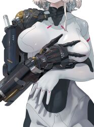 1girl absurdres black_bodysuit bodysuit breasts cyborg grabbing_own_breast grey_hair highres mechanical_arms original prosthesis prosthetic_arm short_hair_with_long_locks simple_background single_mechanical_arm solo two-tone_bodysuit white_background white_bodysuit yunimaru
