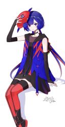 1girl asymmetrical_bangs black_dress black_gloves blue_eyes blue_hair blue_jacket bridal_gauntlets dress elbow_gloves feet_out_of_frame flat_chest gloves hand_up highres holding holding_mask hood hood_down hooded_jacket idenshi_hina invisible_chair jacket kamitsubaki_studio long_hair looking_at_viewer low_twin mask multicolored_hair parted_lips pendant_choker red_thighhighs rim_(kamitsubaki_studio) shadow short_dress short_hair simple_background sitting sleeveless sleeveless_dress sleeveless_jacket solo streaked_hair thighhighs virtual_youtuber white_background