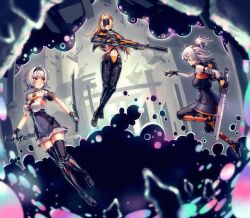 3girls absurdres anby_demara anby_demara_(silver_soldier) black_hairband blonde_hair eye_mask fingerless_gloves gloves goggles grey_hair hair_between_eyes hairband highres holding holding_weapon long_hair multiple_girls orange_eyes ponytail s99g short_hair soldier_11_(zenless_zone_zero) trigger_(zenless_zone_zero) weapon white_hair zenless_zone_zero