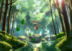 1girl absurdres bare_shoulders belt black_belt black_bow blunt_bangs bow chinese_commentary commentary_request dappled_sunlight day drill_hair floating_hair forest frilled_skirt frills from_side full_body hair_bow highres infinity_nikki layered_skirt leaf leg_up light_particles light_rays long_hair long_sleeves low_twintails medium_skirt nature nikki_(nikki) nikki_(series) off-shoulder_shirt off_shoulder outdoors perfect_start_(infinity_nikki) pink_hair pink_skirt puffy_long_sleeves puffy_sleeves qingniaoyi reflection reflective_water rock running shirt shoes sidelocks skirt sleeves_past_wrists solo stream sunlight twin_drills twintails very_long_hair white_shirt white_shoes white_skirt wide_shot