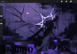 1boy 1other azure_(forsaken) black_gloves black_hat black_shirt black_wings blood dagger forsaken_(roblox) gloves grey_pants halo hands_up hat highres holding holding_dagger holding_knife holding_weapon kirbo knife pants purple_blood roblox shirt stab two_time_(forsaken) weapon white_halo wings