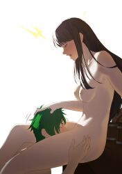 1boy 1girl absurdres astrid_(fire_emblem) black_hair blush breasts brown_eyes commission commissioner_upload completely_nude cunnilingus fire_emblem fire_emblem:_radiant_dawn hand_on_another&#039;s_head head_between_legs hetero highres looking_down medium_breasts moaning navel nintendo nipples non-web_source nude open_mouth oral pomelomelon sitting sitting_on_table sothe_(fire_emblem) thighs