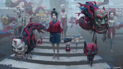 2boys 2girls bags_under_eyes bare_arms bare_legs bare_shoulders barefoot black_hair blue_eyes blue_hakama blue_skirt blush_stickers breasts buttons cable cityscape cleavage cloud cloudy_sky commentary crosswalk doll_joints double_bun english_commentary fog hair_bun hakama hakama_short_skirt hakama_skirt height_difference highres japanese_clothes joints lantern long_hair mask medium_breasts messy_hair mixed-language_commentary multiple_boys multiple_girls navel nipples oni_mask original outdoors overalls paper_lantern paradeus people pleated_sleeves ponytail red_overalls red_shirt red_skirt red_sleeves shirt short_hair short_sleeves signature single_hair_bun skirt sky stomach straight_hair toes topless_male underboob white_mask wide_sleeves zeenchin