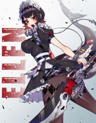 1girl black_hair breasts character_name colored_inner_hair crystalsugarstars ellen_joe fins fish_tail frilled_wristband hair_ornament hairband highres holding large_breasts looking_at_viewer maid maid_headdress metal_hairband mole mole_on_arm mole_under_eye multicolored_hair pantyhose razor_blade_hair_ornament red_eyes red_hair red_nails scar scar_on_tail shark_girl shark_tail short_hair simple_background solo spiked_headband tail two-tone_hair zenless_zone_zero