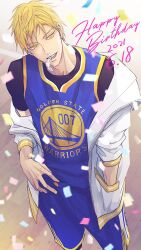 Rule 34 | 1boy, 2021, a jou, baseball jersey, baseball uniform, basketball shorts, black shirt, blonde hair, blue shorts, commentary request, confetti, crew neck, dated, earrings, english text, golden state warriors, hand in pocket, happy birthday, jacket, jacket partially removed, jersey, jewelry, kise ryouta, kuroko no basuke, looking to the side, male focus, mouth guard, multicolored clothes, open clothes, open jacket, open mouth, piercing, shirt, short sleeves, shorts, sideways glance, solo, sportswear, standing, teeth, unzipped, white jacket, yellow eyes, zipper