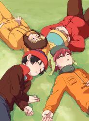 Rule 34 | 4boys, animification, arms behind head, beanie, black hair, blonde hair, brown hair, closed eyes, crossed arms, eric cartman, fur-trimmed hood, fur hat, fur trim, hand on own stomach, hat, hood, hood up, hooded jacket, jacket, kenny mccormick, knees up, kyle broflovski, lying, male focus, multiple boys, ohagi (sigesatosin), on back, on side, parted lips, pom pom (clothes), pom pom beanie, red hair, short hair, sleeping, south park, stan marsh, ushanka