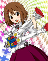 00s 1girl assembling blush brown_eyes brown_hair female_focus fuwafuwa_time gundam gunpla hirasawa_yui instrument k-on! kouno_iku looking_at_viewer mecha mobile_suit_gundam model_kit music playing_instrument robot rx-78-2_gundam short_hair solo toy