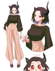 1girl :&gt; alternate_costume asymmetrical_horns black_hair black_shirt blue_hair broken_horn chibi chibi_inset colored_inner_hair commentary demon_horns earrings english_commentary full_body highres hololive hololive_english horns jewelry looking_at_viewer mole mole_under_eye multicolored_hair multiple_views nerissa_ravencroft pants puffy_sleeves red_eyes shirt short_hair signature simple_background smile solo sumosumo twitter_username uneven_horns virtual_youtuber white_background