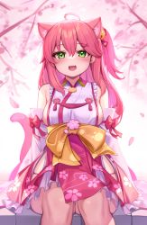1girl animal_ears bell breasts cat_ears cat_tail cherry_blossoms deaver detached_sleeves green_eyes hair_bell hair_between_eyes hair_ornament highres hololive japanese_clothes kemonomimi_mode kimono large_breasts long_hair looking_at_viewer open_mouth petals sakura_miko sakura_miko_(1st_costume) sideboob sitting solo tail thighs virtual_youtuber white_kimono x_hair_ornament