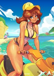 Rule 34 | 1girl, 1other, beach, bikini, bird, blue eyes, blue sky, breasts, brown hair, cleavage, earrings, fish, flower earrings, flying, grand-sage, hat, highres, jewelry, large breasts, legs, lifeguard, looking at viewer, mario (series), motor vehicle, mushroom, nail polish, nintendo, palm tree, pianta, princess daisy, shiny skin, sitting, sky, super mario bros. 1, super mario land, super mario sunshine, swimsuit, tan, tanline, thick thighs, thighs, tomboy, tree, water, wet, whistle, whistle around neck