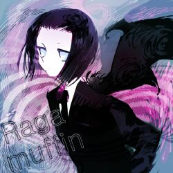 Rule 34 | 1boy, black hair, black jacket, black wings, blue eyes, character name, closed mouth, colored skin, demon wings, forehead, jacket, kitaya, lenore the cute little dead girl, long sleeves, looking at viewer, male focus, ragamuffin, short hair, upper body, white skin, wings