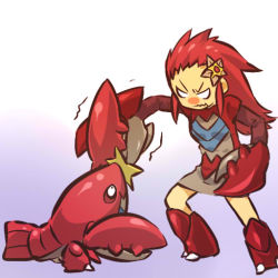 00s 1girl battle claws crawdaunt creature_and_personification emphasis_lines full_body gen_1_pokemon gen_3_pokemon hair_ornament hitec moemon motion_lines nintendo o_o personification pokemon pokemon_(creature) pokemon_rse red_hair standing star_(symbol) star_hair_ornament staryu thighhighs trembling zettai_ryouiki