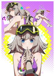 1girl 1other ? aa-12_(girls&#039;_frontline) aa-12_(the_sun_never_rises)_(girls&#039;_frontline) absurdres ahoge blue_eyes blush brown_hair candy closed_mouth commander_(girls&#039;_frontline) commentary english_text food girls&#039;_frontline girls&#039;_frontline_2:_exilium goggles goggles_on_head highres holding holding_candy holding_food holding_lollipop lind_(girls&#039;_frontline_2) lollipop lollipop_in_mouth looking_at_viewer medium_hair miharu_(cgsky) official_alternate_costume pov pov_hands scrunchie shaded_face simple_background sweat symbol-only_commentary wrist_scrunchie