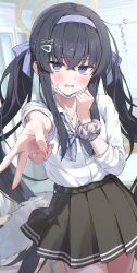 1girl absurdres alternate_costume alternate_hairstyle black_hair blue_archive blush bow bowtie brown_halo brown_nails brown_skirt commentary_request cowboy_shot crossed_bangs fingernails gyaru_v hair_between_eyes hair_ornament hairclip hairpin halo highres long_hair looking_at_viewer momomoi_momoi nail_polish open_mouth plaid_bow plaid_bowtie plaid_clothes pleated_skirt purple_eyes scrunchie skirt solo translation_request twintails ui_(blue_archive) v very_long_hair wrist_scrunchie x_hair_ornament