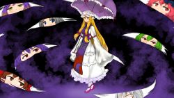 Rule 34 | 1boy, 6+girls, absurdres, blonde hair, blue eyes, braco, brown eyes, brown hair, dress, gap (touhou), glasses, gradient background, gradient hair, green hair, grey hair, hair ribbon, hakurei reimu, hat, highres, hijiri byakuren, huge filesize, kazami yuuka, long hair, md5 mismatch, morichika rinnosuke, multicolored hair, multiple girls, pink eyes, pink hair, purple eyes, purple hair, red eyes, resolution mismatch, ribbon, saigyouji yuyuko, shoes, short hair, smile, source smaller, touhou, umbrella, very long hair, white legwear, yagokoro eirin, yakumo yukari, yasaka kanako, yellow eyes, zun hat