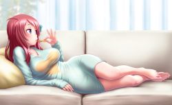 10s 1girl ahoge arm_support bare_legs barefoot blue_dress blue_eyes blush breasts chips_(food) couch curtains dress feet female_focus fingernails food full_body hair_ornament heart heart_print holding holding_food indoors large_breasts long_fingernails long_hair long_sleeves long_toenails lying minamoto_sakura on_couch on_side pillow pink_hair sleeves_past_wrists solo toenails toes wide_hips wokada zombie_land_saga