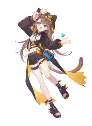 1girl absurdres ankh arknights arm_up bag belt black_belt black_jacket black_ribbon black_sandals black_shorts blue_eyes brown_hair brown_tail chinese_commentary commentary_request ear_piercing full_body glint gold hair_behind_ear handbag head_chain high_belt highres hood hood_up hooded_jacket jacket jewelry long_hair long_sleeves midriff moli_qiyue navel neck_ribbon no_socks o-ring o-ring_thigh_strap open_clothes open_jacket open_mouth pepe_(arknights) piercing platform_sandals ribbon sandals shorts simple_background smile solo standing tail tail_ornament tail_ring tailcoat thigh_strap toes two-sided_fabric two-sided_jacket white_background yellow_jacket