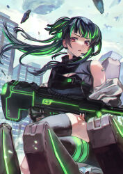 Rule 34 | 1girl, black gloves, black hair, black shirt, black thighhighs, breasts, cleavage, cleavage cutout, clothing cutout, floating hair, gloves, green hair, gun, headset, highres, holding, holding gun, holding weapon, idolmaster, idolmaster shiny colors, jacket, long hair, mayuzumi fuyuko, multicolored hair, off shoulder, on one knee, otsudou, parted lips, red eyes, shirt, sleeveless, sleeveless shirt, solo, streaked hair, thighhighs, two side up, v-shaped eyebrows, weapon, white jacket