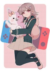 1girl breasts brown_hair collared_shirt danganronpa_(series) danganronpa_2:_goodbye_despair flipped_hair galaga hair_ornament highres hood jacket long_sleeves looking_at_viewer medium_hair mi_shengwu_3.2_hao monomi_(danganronpa) nanami_chiaki neck_ribbon open_clothes open_jacket pink_eyes pink_ribbon pleated_skirt ribbon shirt skirt smile thighhighs white_shirt