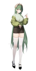 1girl absurdres azur_lane black_shoes black_skirt breasts closed_mouth full_body green_hair highres holding holding_pen kuyoumi long_hair long_sleeves looking_at_viewer official_alternate_costume pen raffaello_(azur_lane) shoes simple_background skirt smile solo standing thighhighs turtleneck very_long_hair white_background white_thighhighs