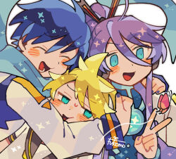 3boys :d aqua_eyes blonde_hair blue_hair blue_nails blush brown_sailor_collar fukomo hair_between_eyes hug kagamine_len kaito_(vocaloid) kamui_gakupo long_hair looking_ahead looking_to_the_side male_focus multiple_boys open_mouth ponytail purple_hair purple_nails sailor_collar shirt short_hair sidelocks smile sweatdrop v vocaloid white_shirt