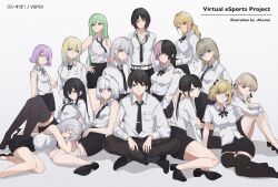 .akuma 1boy 6+girls aizawa_ema artist_name asumi_sena black_hair black_necktie black_pants black_shoes black_skirt black_socks blonde_hair blue_eyes cattleya_regina_games colored_inner_hair copyright_name crossed_legs green_eyes green_hair grey_hair hair_intakes hanabusa_lisa hand_on_another&#039;s_shoulder ichinose_uruha iris_black_games kaga_nazuna kaga_sumire kaminari_qpi kisaragi_ren_(vtuber) knee_up kneeling kogara_toto kurumi_noah long_hair long_sleeves lupinus_virtual_games manager medium_hair multicolored_hair multiple_girls necktie pants pink_eyes pink_hair ponytail purple_eyes purple_hair red_eyes red_hair shinomiya_runa shirt shoes short_hair short_sleeves simple_background sitting skirt socks split-color_hair streaked_hair tachibana_hinano tosaki_mimi very_long_hair virtual_youtuber vspo! white_background white_hair white_shirt yakumo_beni yellow_eyes