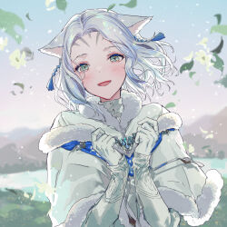 1girl :d animal_ears archon_mark blush cat_ears cat_girl facial_mark falling_flower final_fantasy final_fantasy_xiv gloves green_eyes grey_hair hair_ornament highres looking_at_viewer miqo&#039;te open_mouth outdoors smile solo upper_body warrior_of_light_(ff14) whisker_markings white_gloves yutsumoe