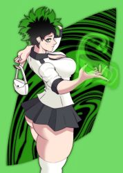 1girl ass black_hair boku_no_hero_academia breasts female_focus genderswap genderswap_(mtf) green_eyes hensket highres huge_ass looking_at_viewer midoriya_izuku multicolored_hair aged_up red_eyes small_breasts thighhighs