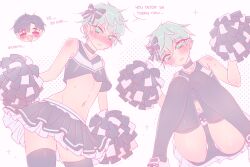 2boys =_= alien_stage black_choker black_hair black_shirt black_skirt black_thighhighs blush cheerleader choker closed_mouth crop_top drooling ear_piercing earrings english_text frilled_skirt frills green_eyes green_hair hands_up heart ivan_(alien_stage) jewelry looking_at_viewer multiple_boys multiple_views navel_piercing open_mouth piercing pink_shoes pom_pom_(cheerleading) rinrin_(wuvpyon) shirt shoes short_hair sitting skirt sleeveless sleeveless_shirt solo_focus speech_bubble thighhighs till_(alien_stage) yaoi