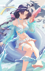 Rule 34 | 1girl, absurdres, ahoge, animal, beach, bird, breasts, chiyo (strinova), closed mouth, commentary, day, feet, foot out of frame, highres, holding, holding water gun, innertube, long hair, looking at viewer, medium breasts, one eye closed, orange eyes, outdoors, purple hair, seagull, smile, strinova, swim ring, swimsuit, szai, water, water gun