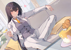1girl black_hair blush closed_mouth collared_shirt cup formal_clothes grey_vest hair_between_eyes heart highres himeyamato holding holding_cup jacket kantai_collection long_hair long_sleeves looking_at_viewer nagato_(anniversary)_(kancolle) nagato_(kancolle) necktie official_alternate_costume orange_necktie pants red_eyes shirt sitting solo spoken_heart suit suit_jacket very_long_hair vest white_jacket white_pants white_shirt white_suit