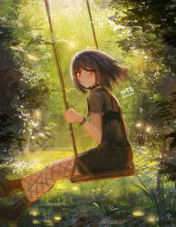 1girl boots bra bracelet brown_hair choker day dress fishnet_pantyhose fishnets jewelry long_hair looking_at_viewer looking_back n52_(n52minami) on_swing original outdoors panties pantyhose pink_eyes see-through_clothes see-through_dress short_sleeves solo sunlight swing swinging swinging_on_swing underwear