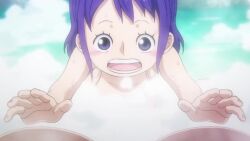 2girls animated anime_screenshot bouncing_breasts breast_awe breasts highres huge_breasts kurozumi_tama large_breasts multiple_girls nami_(one_piece) nude one_piece onsen purple_eyes purple_hair sound tagme video
