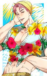 1boy abby_(kpop_demon_hunters) abs adam&#039;s_apple aegyo_sal beanie clothes_lift fangs floral_print guuchun hand_on_own_head hat highres kpop_demon_hunters large_pectorals looking_to_the_side male_focus muscular muscular_male navel nose open_clothes open_mouth open_shirt parted_bangs pectorals pink_eyes pink_hair short_hair solo teeth tongue upper_body upper_teeth_only yellow_hat