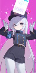 1girl absurdres belt black_eyes black_hat black_jacket black_shorts blue_archive blue_pupils braid colored_inner_hair cosplay cowboy_shot cropped_jacket gloves grey_hair halo hat highres jacket long_hair long_sleeves midriff mismatched_pupils momobug22 multicolored_hair nozomi_(blue_archive) nozomi_(blue_archive)_(cosplay) open_mouth pantyhose pantyhose_under_shorts peaked_cap pink_background pink_hair plana_(blue_archive) red_halo red_pupils shako_cap short_shorts shorts side_braid simple_background single_braid solo two-tone_hair very_long_hair white_gloves white_pantyhose