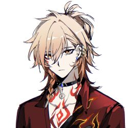 1boy alternate_costume anxilotus black_collar blonde_hair braid chest_tattoo chinese_commentary collar collared_shirt commentary_request earclip facial_tattoo gradient_hair hair_between_eyes highres honkai:_star_rail honkai_(series) looking_at_viewer male_focus medium_hair multicolored_hair mydei_(honkai:_star_rail) pectoral_cleavage pectorals ponytail red_hair red_shirt red_tattoo shirt side_braid simple_background solo tattoo white_background yellow_eyes