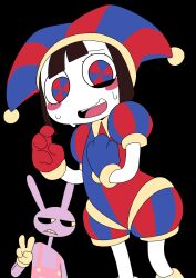 1boy 1girl asymmetrical_gloves bent_v black_background blush_stickers colored_skin commentary explosion_psycho gloves hat hat_bell highres jax_(the_amazing_digital_circus) jester jester_cap jester_costume multicolored_eyes nervous_smile nervous_sweating pomni_(the_amazing_digital_circus) smile striped_clothes striped_headwear sweat sweatdrop the_amazing_digital_circus two-tone_eyes v vertical-striped_bodysuit vertical-striped_clothes vertical-striped_headwear white_skin