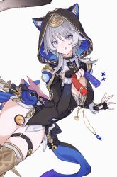 1girl :q absurdres animal_ear_fluff animal_ears awe_(adorableduckyy) belt black_gloves black_hood black_leotard blue_eyes breasts cat_ears cat_girl cat_tail cipher_(honkai:_star_rail) closed_mouth commentary ears_through_hood fingerless_gloves fingernails gloves grey_hair highres holding honkai:_star_rail honkai_(series) large_breasts leotard long_fingernails looking_at_viewer magnet nail_polish shorts smile solo symbol-only_commentary tail thigh_belt thigh_strap thighs tongue tongue_out white_shorts yellow_nails