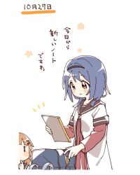 2girls bag black_hairband blue_hair blush_stickers braid brown_eyes brown_hair brown_sailor_collar closed_mouth commentary_request cropped_torso dress furutani_himawari hair_ornament hairband hairclip highres holding holding_notebook layered_sleeves long_sleeves multiple_girls namori nanamori_school_uniform notebook oomuro_sakurako red_dress sailor_collar school_bag school_uniform shirt short_hair short_over_long_sleeves short_sleeves simple_background smile translation_request twin_braids white_background white_shirt yuruyuri |_|