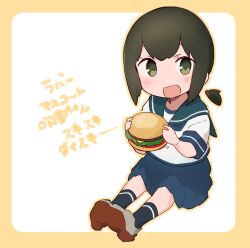 1girl black_socks blue_neckerchief blue_skirt blush border breasts brown_hair burger chibi commentary detached_hair food fubuki_(kancolle) full_body green_eyes green_sailor_collar grey_shoes highres holding holding_burger holding_food kantai_collection kneehighs looking_at_viewer low_ponytail ma_rukan medium_breasts neckerchief open_mouth outline outside_border pleated_skirt ponytail sailor_collar shirt shoes short_sleeves sidelocks simple_background sitting skirt socks solo symbol-only_commentary translation_request white_background white_shirt yellow_border yellow_outline