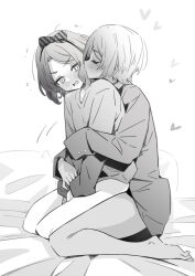 2girls barefoot blush closed_eyes commentary ebizuka_tomo girls_band_cry greyscale heart highres hug hug_from_behind long_sleeves lwmina70119 mole mole_under_eye monochrome multiple_girls open_mouth rupa_(girls_band_cry) short_hair sleeves_past_wrists sweatdrop trembling yuri