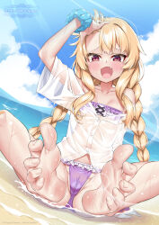 1girl :d @ichigo arm_up bare_shoulders barefoot beach bikini blonde_hair blue_scrunchie blush braid breasts cameltoe cloud collarbone commentary_request day dress_shirt dutch_angle fang feet foot_focus foreshortening frilled_bikini frills hand_in_own_hair hand_on_own_head highres legs lens_flare light_rays little_witch_nobeta long_hair looking_at_viewer nobeta nobeta_(swimsuit_skin) ocean off_shoulder official_art open_mouth outdoors partially_submerged purple_bikini red_eyes scrunchie second-party_source see-through_clothes see-through_shirt shirt short_sleeves sidelocks sky small_breasts smile soles solo spread_legs spread_toes sunbeam sunlight swimsuit textless_version toe_scrunch toenails toes twin_braids twintails very_long_hair water wet wet_clothes wet_shirt white_shirt wrist_scrunchie