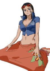 1girl black_hair blue_eyes cropped_jacket eyewear_on_head hands_on_own_thighs high_collar jacket jxl8080 long_hair looking_at_viewer navel nico_robin nico_robin_(return_to_sabaody) one_piece pink_sarong pink_shoes sarong shoes short-sleeved_jacket short_sleeves simple_background sitting smile solo sunglasses wariza zipper zipper_pull_tab