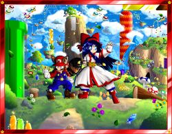 1boy 1girl animal_ears blue_eyes breasts brown_hair clenched_hand crossover facial_hair fighting_stance fingerless_gloves fire_flower gloves goomba highres industrial_pipe koopa_troopa legs long_hair mario mario_(series) medium_breasts mushroom mustache nakoruru nintendo outstretched_arm overalls pants purple_hair raccoon_ears raccoon_tail samurai_spirits serious snk tail the_king_of_fighters thighs very_long_hair