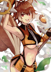 1girl acorn animal_ears armpits blazblue breasts brown_hair crop_top fingerless_gloves gloves highres large_breasts levvellevvel makoto_nanaya microskirt nut_(food) short_hair skirt sleeveless squirrel_ears squirrel_tail tail tonfa underboob weapon white_hair