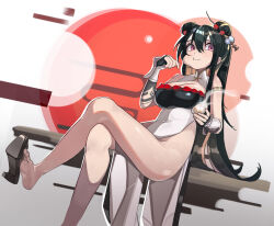 1girl alchemy_stars armlet steamed_bun barefoot black_gloves black_hair black_tongue breasts chinese_clothes crossed_legs double_bun dress eating flower food gloves hair_between_eyes hair_bun hair_flower hair_ornament hairclip high_heels highres holding holding_food jewelry large_breasts looking_to_the_side no_panties partially_fingerless_gloves pink_eyes plabit sitting soles solo steaming_food toes turtleneck turtleneck_dress white_dress yao_(alchemy_stars)